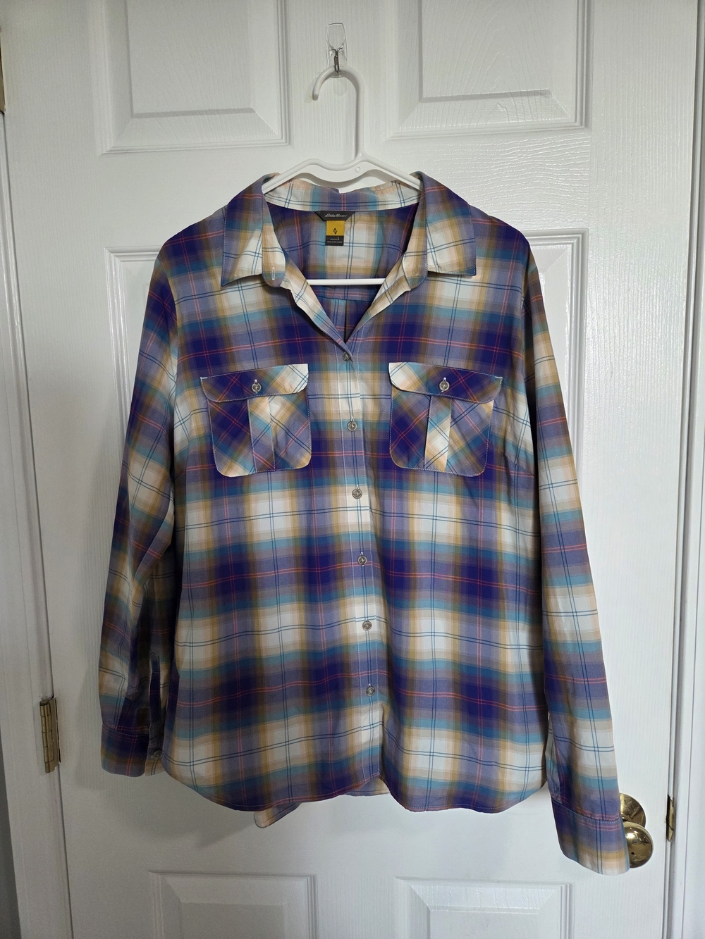 Eddie Bauer Plaid Button-Down Shirt in Blue and Cream